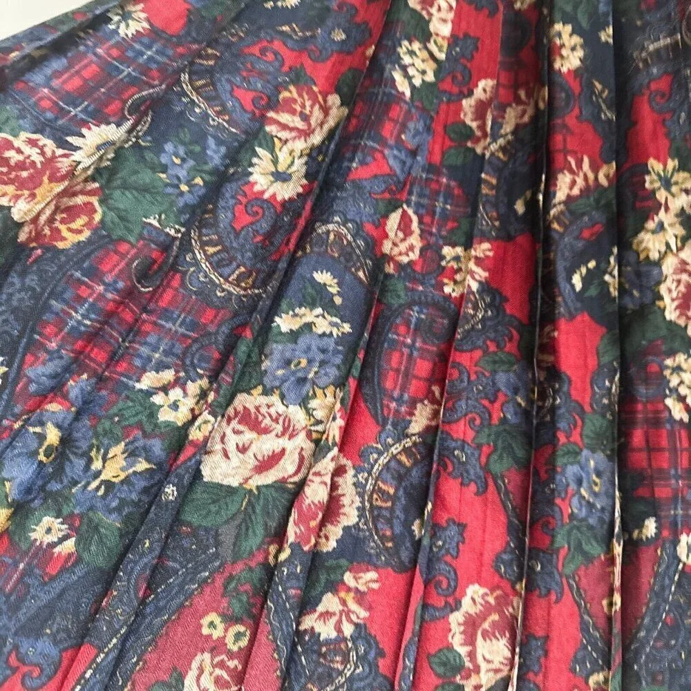Vintage Hammer Floral Paisley Print Pleated Midi Skirt Wool L